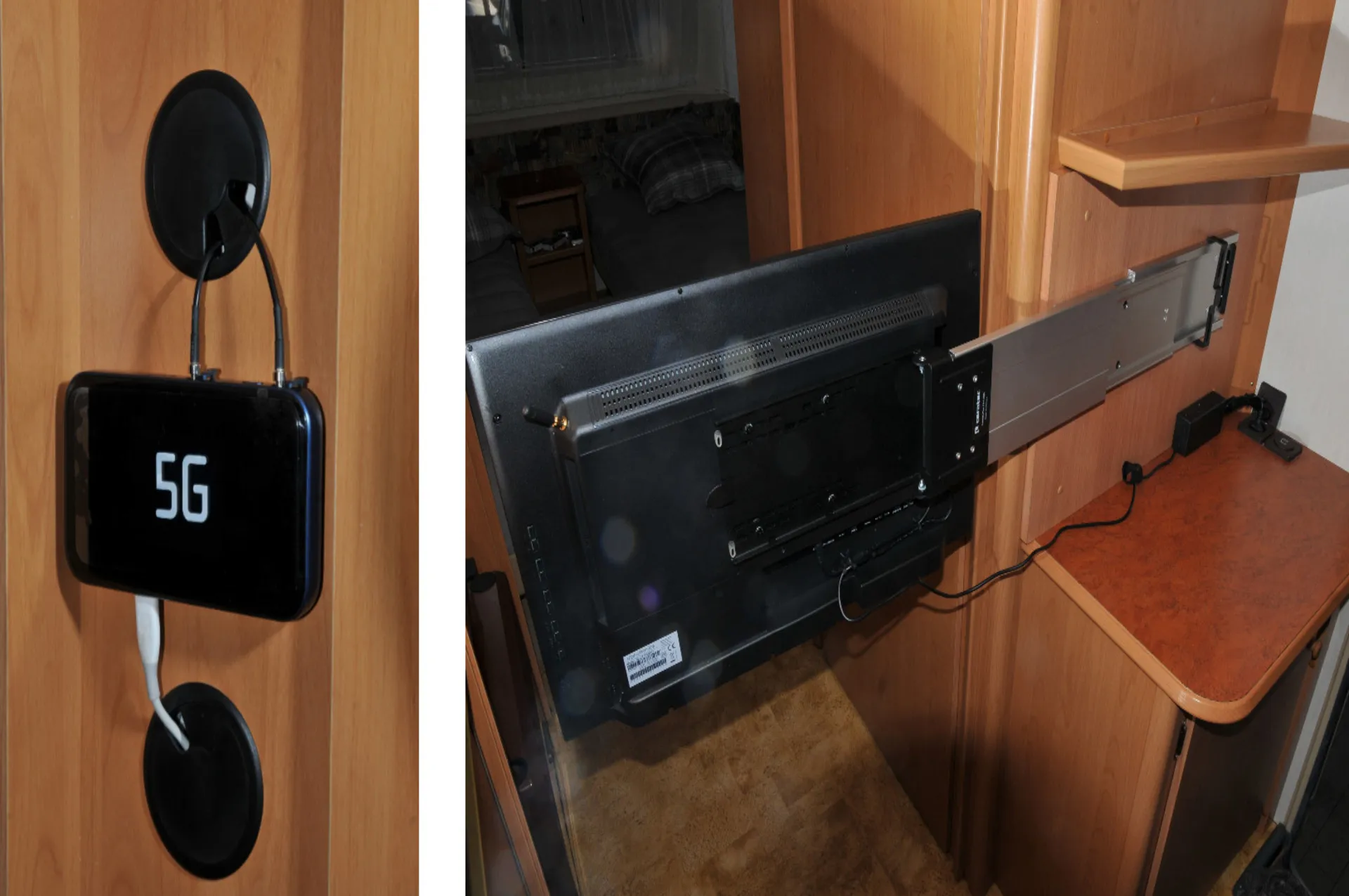  5G Router mit TV-Gerät und Halteplatte im Möbeldesign, Fendt Caravan