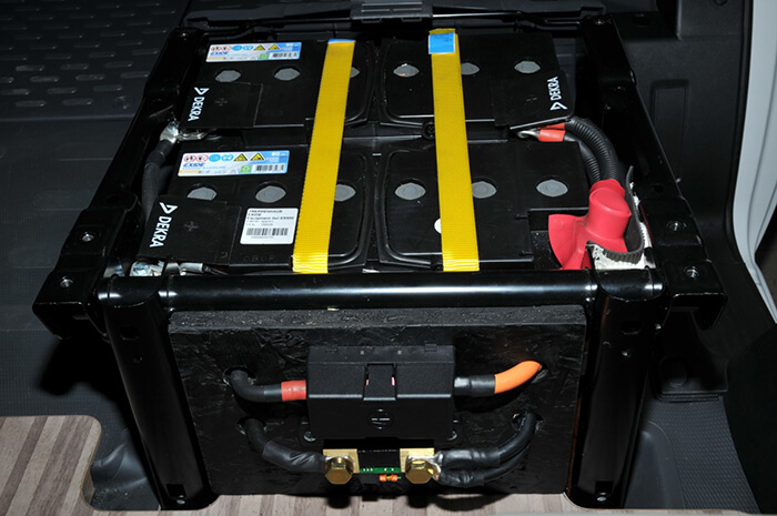 Batterie-Doppelpack, robust und sicher unter dem Beifahrersitz eingepasst, zusammen mit Hochlastsicherung und Mess-Shunt